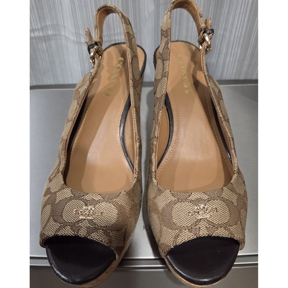 Coach Womens Wedge Tan Open Toe Logo Classic Size 8.5 *See Description * - Picture 1 of 12